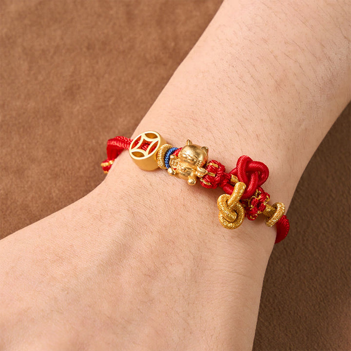 Buddha Stones Bracelet tressé de protection Golden Lucky Cat à fil rouge - image 5