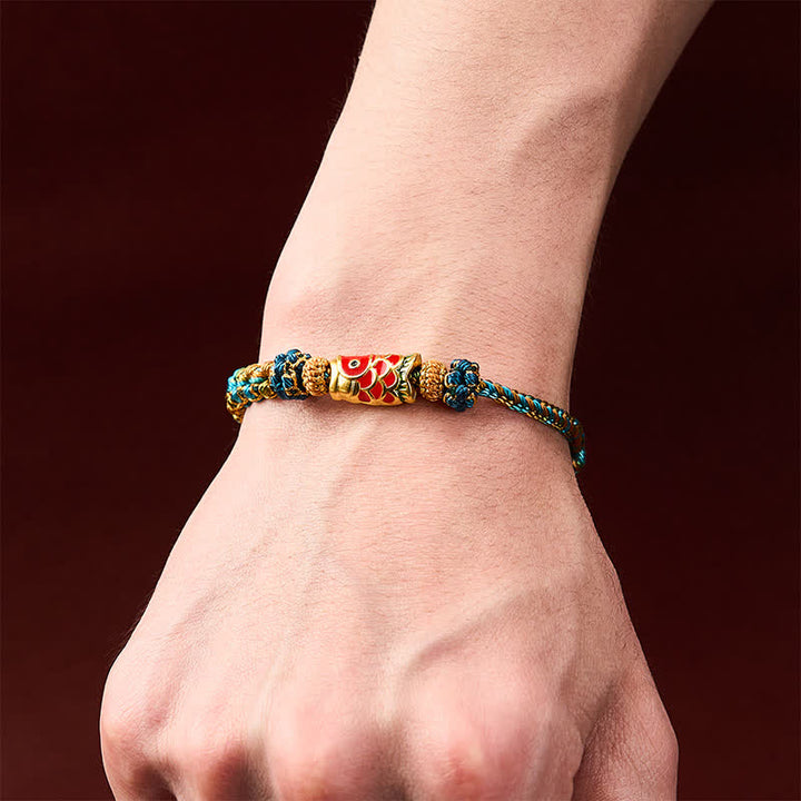 Buddha Stones Bracelet porte-bonheur en corde tressée à la main verte, bleue et jaune, motif mandala, fleur de pêcher et carpe koï. - image 4