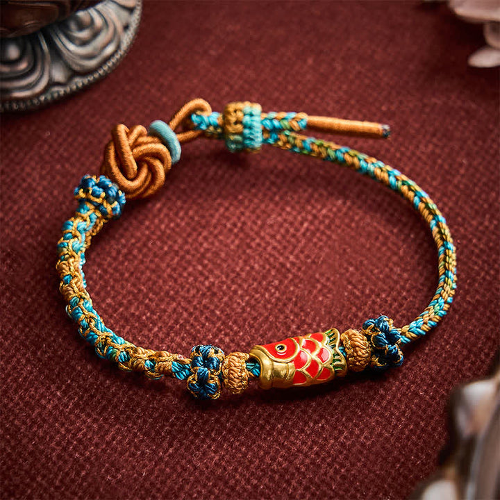 Buddha Stones Bracelet porte-bonheur en corde tressée à la main verte, bleue et jaune, motif mandala, fleur de pêcher et carpe koï. - image 2