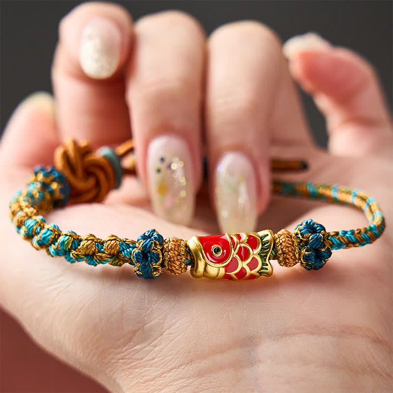Buddha Stones Bracelet porte-bonheur en corde tressée à la main verte, bleue et jaune, motif mandala, fleur de pêcher et carpe koï. - image 3