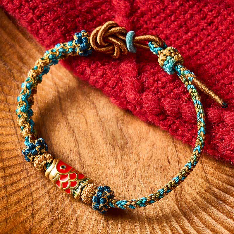Buddha Stones Bracelet porte-bonheur en corde tressée à la main verte, bleue et jaune, motif mandala, fleur de pêcher et carpe koï. - image 1