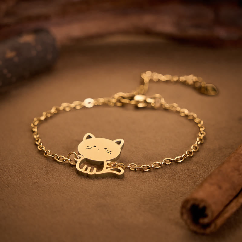 Buddha Stones Bracelet minimaliste en acier titane avec pendentif chat et chaîne de protection - image 1