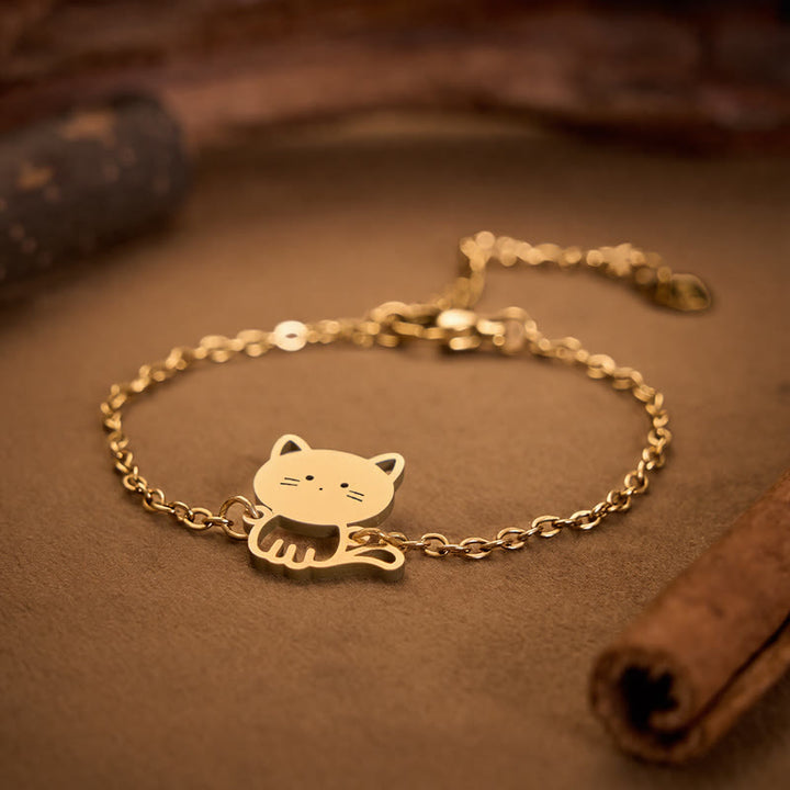 Buddha Stones Bracelet minimaliste en acier titane avec pendentif chat et chaîne de protection - image 1