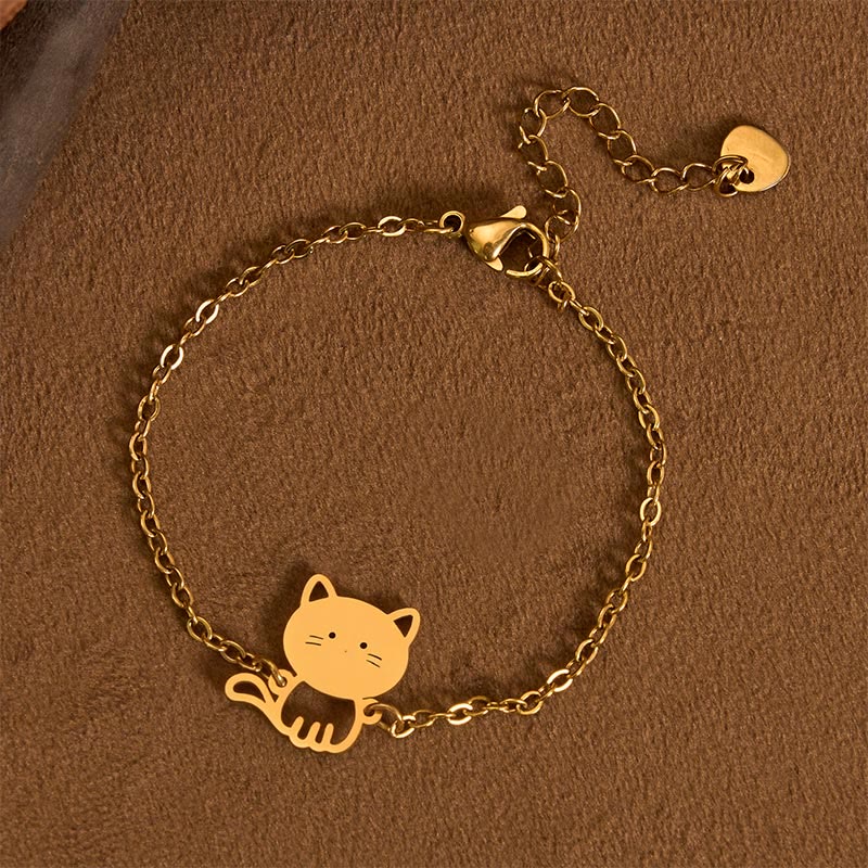 Buddha Stones Bracelet minimaliste en acier titane avec pendentif chat et chaîne de protection - Or (Tour de poignet : 14-17 cm) - image 0