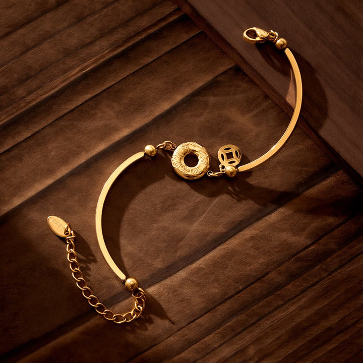 Buddha Stones Bracelet à maillons ouverts avec pendentif en acier titane et boucle de la paix, caractère Fu et pièce de monnaie chinoise - image 2
