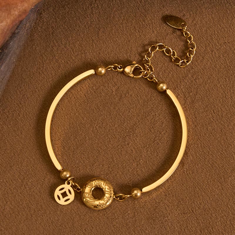 Buddha Stones Bracelet à maillons ouverts avec pendentif en acier titane et boucle de la paix, caractère Fu et pièce de monnaie chinoise - Acier titane (Renforce la stimulation ♥) (Tour de poignet : 15–19 cm) - image 0