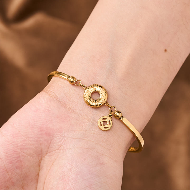 Buddha Stones Bracelet à maillons ouverts avec pendentif en acier titane et boucle de la paix, caractère Fu et pièce de monnaie chinoise - image 3