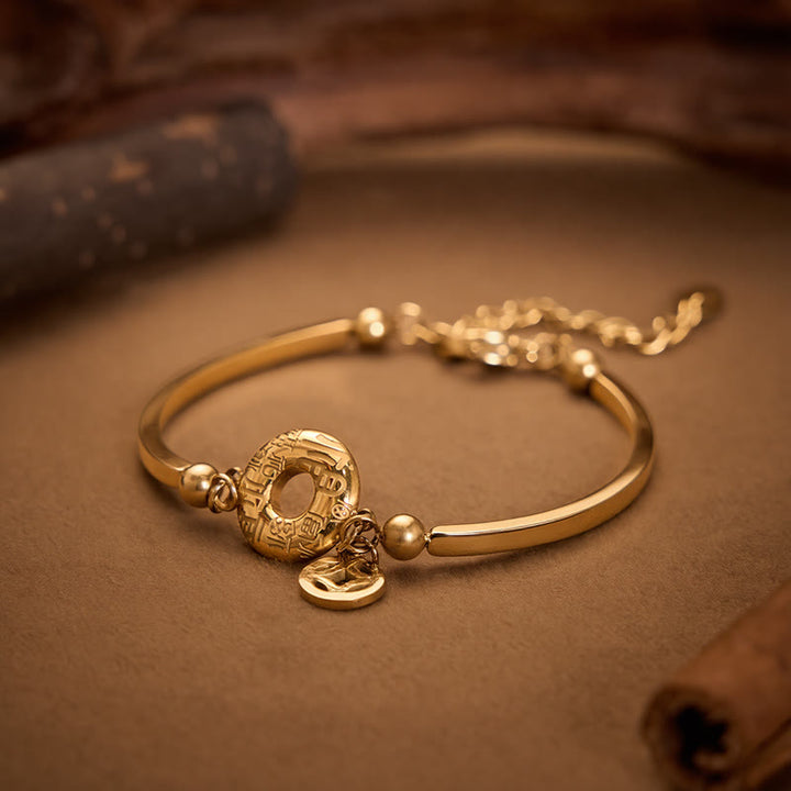 Buddha Stones Bracelet à maillons ouverts avec pendentif en acier titane et boucle de la paix, caractère Fu et pièce de monnaie chinoise - image 1