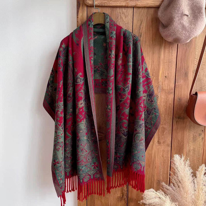 Écharpe de voyage confortable avec pompon et branches de fleurs tibétaines en Buddha Stones - Rouge 180*65cm - image 11