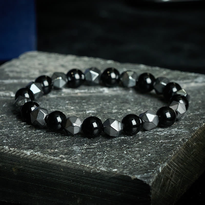 Buddha Stones Bracelet de force en hématite œil de tigre à facettes - Onyx Noir (Fortune ♥ Soutien) - image 0