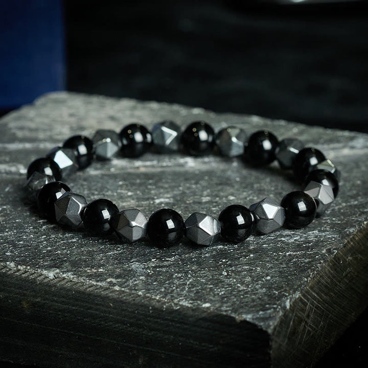 Buddha Stones Bracelet de force en hématite œil de tigre à facettes - Onyx Noir (Fortune ♥ Soutien) - image 0