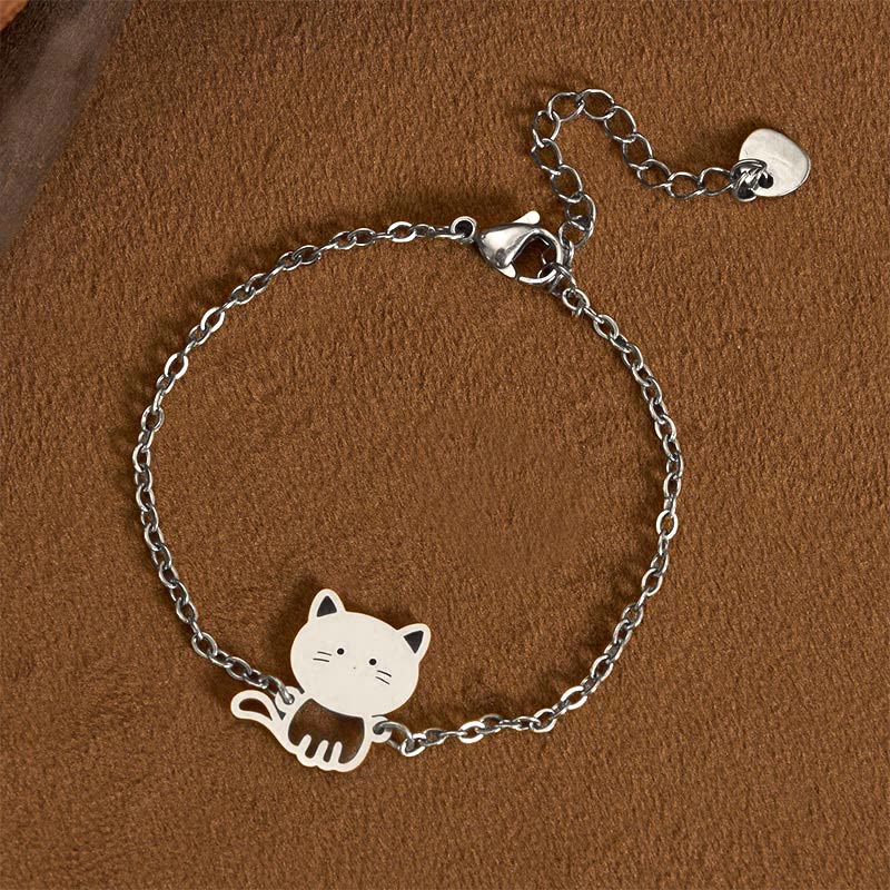 Buddha Stones Bracelet minimaliste en acier titane avec pendentif chat et chaîne de protection - Argent (Tour de poignet : 14-17 cm) - image 6