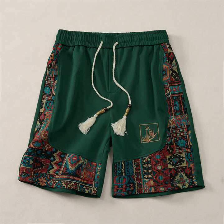Buddha Stones Short d'été bohème pour homme, taille élastique avec cordon de serrage et bordure géométrique, poches - Vert forêt - US/UK/AU46, EU56 (5XL) - image 0