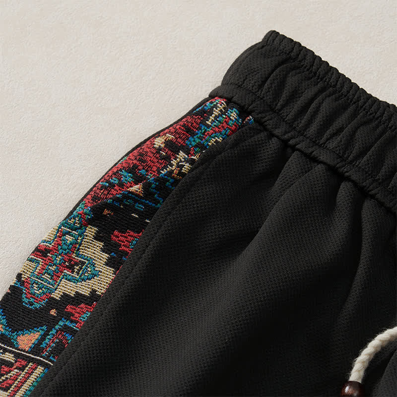 Buddha Stones Short d'été bohème pour homme, taille élastique avec cordon de serrage et bordure géométrique, poches - image 11