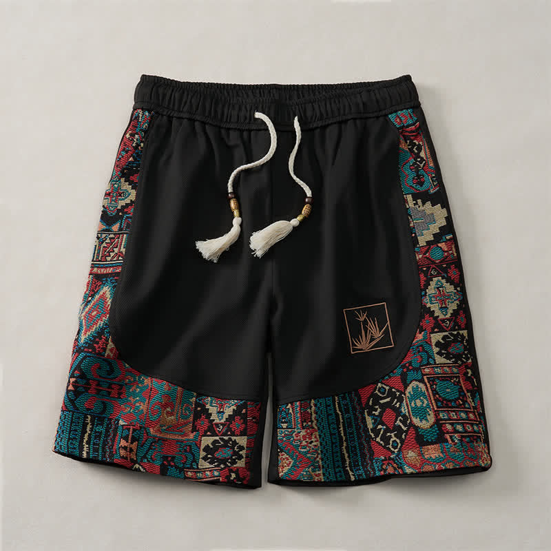 Buddha Stones Short d'été bohème pour homme, taille élastique avec cordon de serrage et bordure géométrique, poches - Noir - US/UK/AU46, EU56 (5XL) - image 8