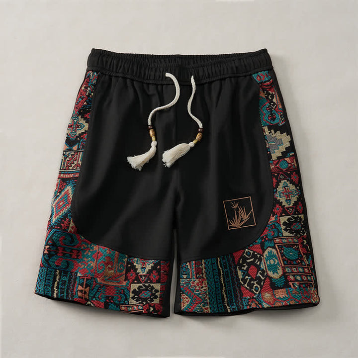 Buddha Stones Short d'été bohème pour homme, taille élastique avec cordon de serrage et bordure géométrique, poches - Noir - US/UK/AU46, EU56 (5XL) - image 8