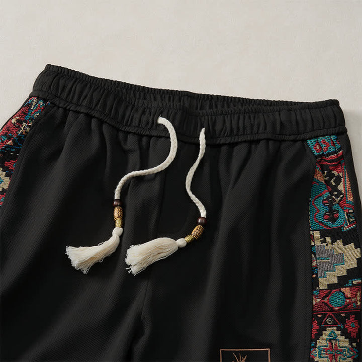 Buddha Stones Short d'été bohème pour homme, taille élastique avec cordon de serrage et bordure géométrique, poches - image 10