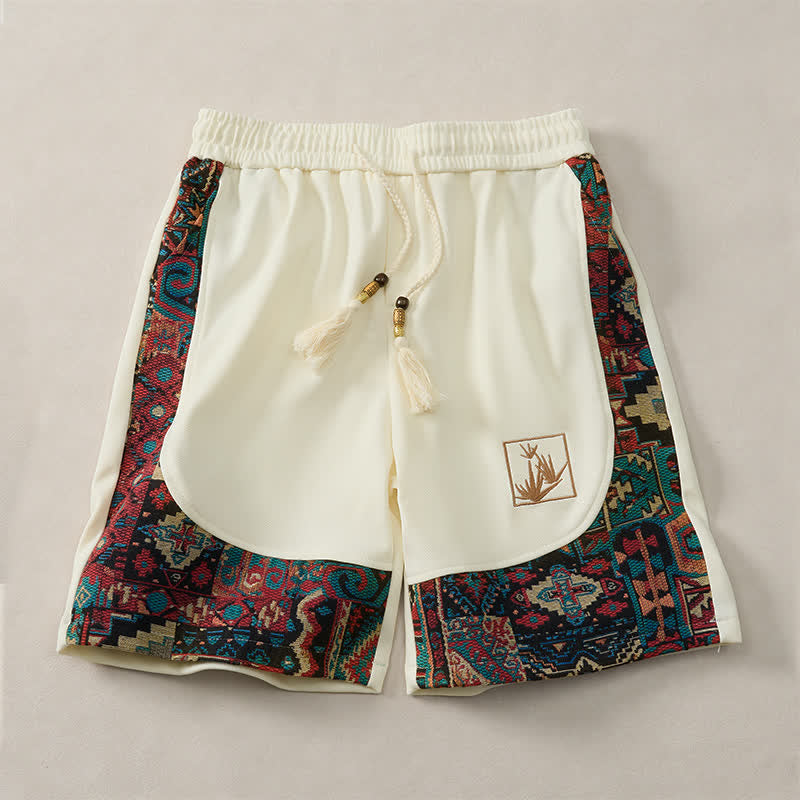 Buddha Stones Short d'été bohème pour homme, taille élastique avec cordon de serrage et bordure géométrique, poches - Blanc - US/UK/AU46, EU56 (5XL) - image 17