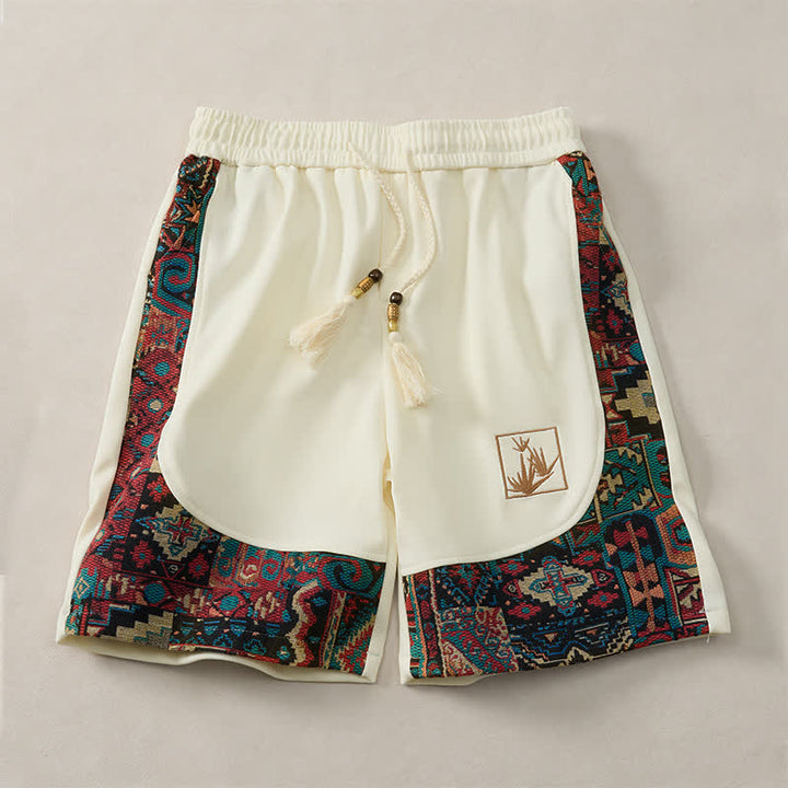 Buddha Stones Short d'été bohème pour homme, taille élastique avec cordon de serrage et bordure géométrique, poches - Blanc - US/UK/AU46, EU56 (5XL) - image 17