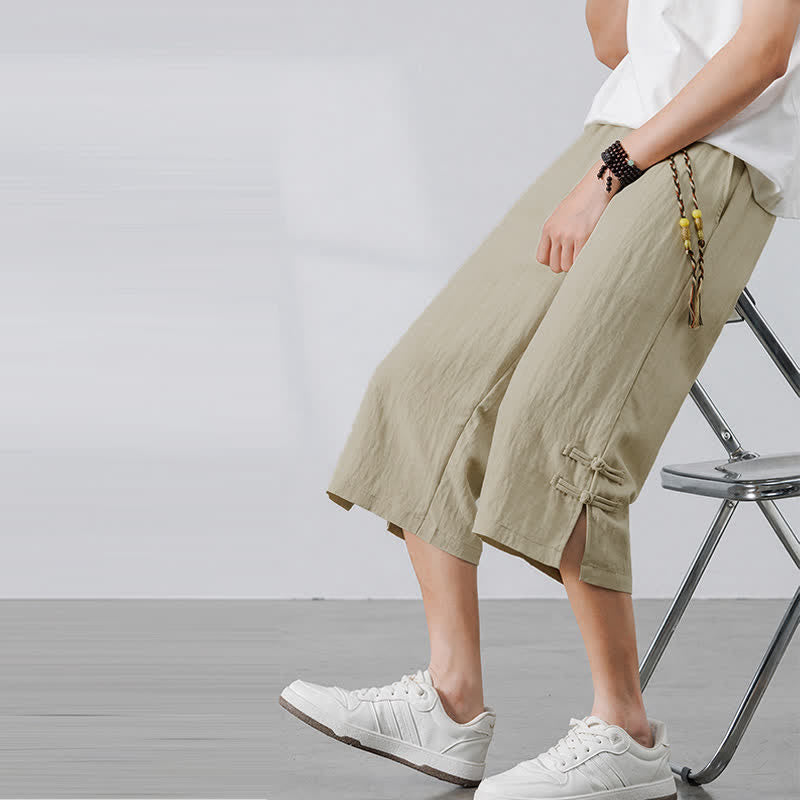 Buddha Stones Pantalon court bohème décontracté d'été à cordon de serrage, coupe droite, avec poches - Beige - US/UK/AU46, EU56 (5XL) - image 0