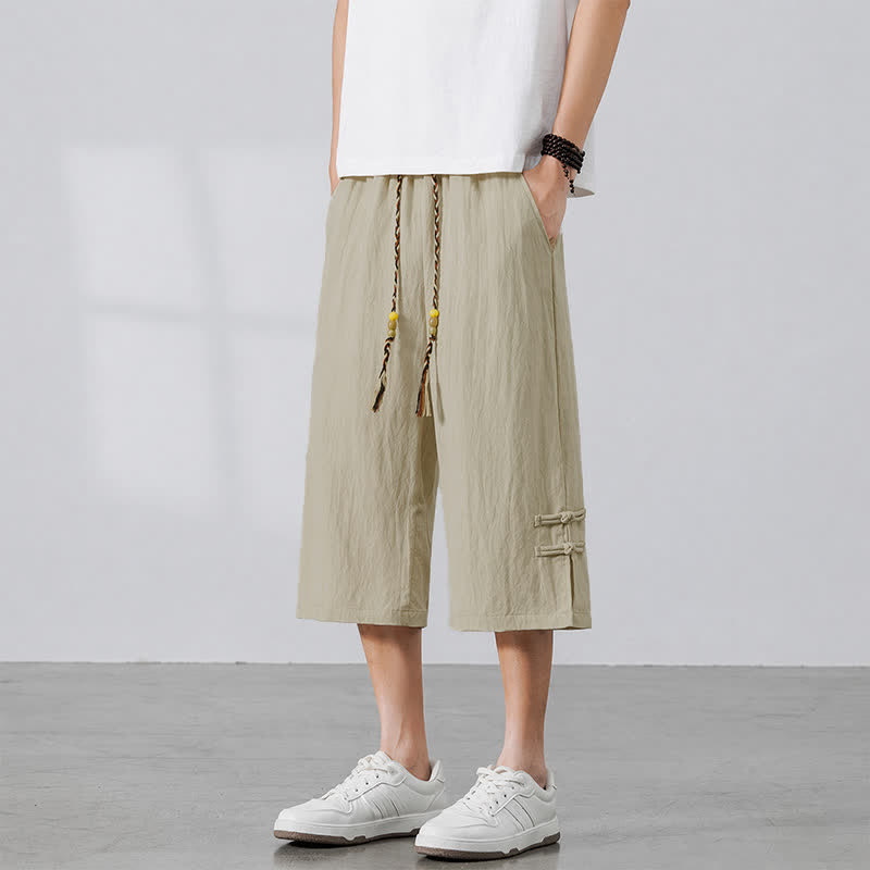 Buddha Stones Pantalon court bohème décontracté d'été à cordon de serrage, coupe droite, avec poches - image 1