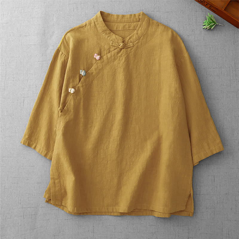 Buddha Stones Chemises d'été pour femmes, style Tang, col mandarin vintage, boutons brandebourg, manches trois-quarts, couleur unie. - verge d'or - US8-10, UK/AU12-14, EU40-42 (2XL) - image 0