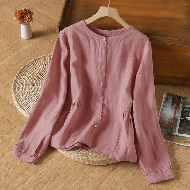 Buddha Stones Chemises à manches longues pour femmes, style minimaliste décontracté, boutonnées, col rond, unies, printemps/automne - Rose clair - US8-10, UK/AU12-14, EU40-42 (2XL) - image 1
