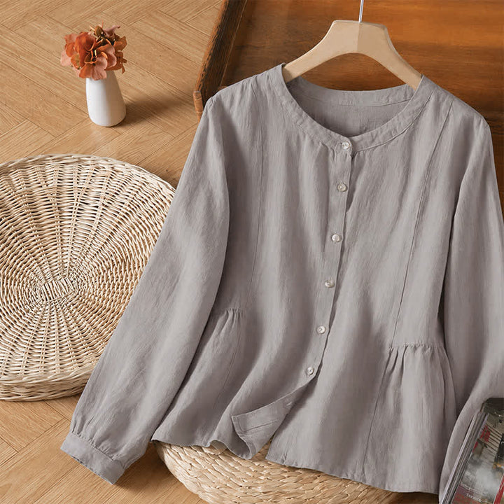 Buddha Stones Chemises à manches longues pour femmes, style minimaliste décontracté, boutonnées, col rond, unies, printemps/automne - image 3