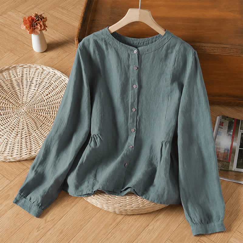 Buddha Stones Chemises à manches longues pour femmes, style minimaliste décontracté, boutonnées, col rond, unies, printemps/automne - Sarcelle - US8-10, UK/AU12-14, EU40-42 (2XL) - image 0