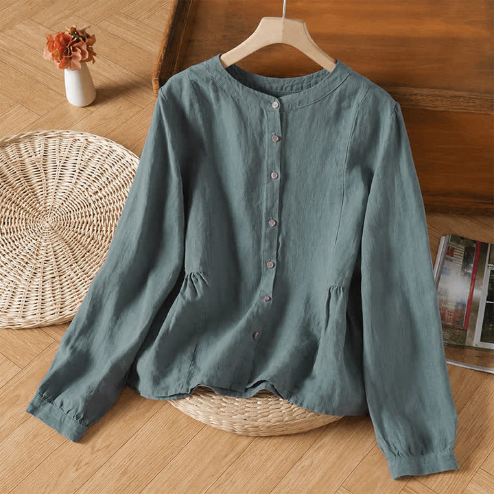 Buddha Stones Chemises à manches longues pour femmes, style minimaliste décontracté, boutonnées, col rond, unies, printemps/automne - Sarcelle - US8-10, UK/AU12-14, EU40-42 (2XL) - image 0