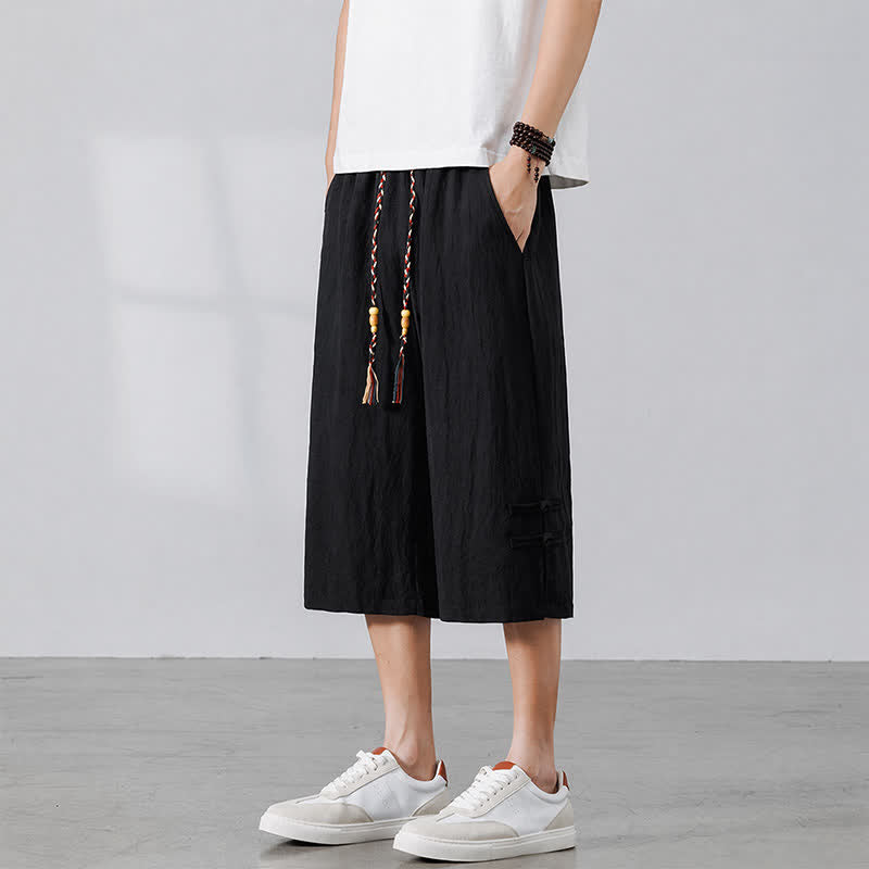 Buddha Stones Pantalon court bohème décontracté d'été à cordon de serrage, coupe droite, avec poches - Noir - US/UK/AU46, EU56 (5XL) - image 8