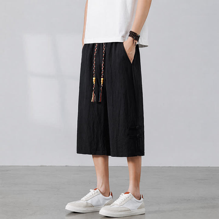 Buddha Stones Pantalon court bohème décontracté d'été à cordon de serrage, coupe droite, avec poches - Noir - US/UK/AU46, EU56 (5XL) - image 8