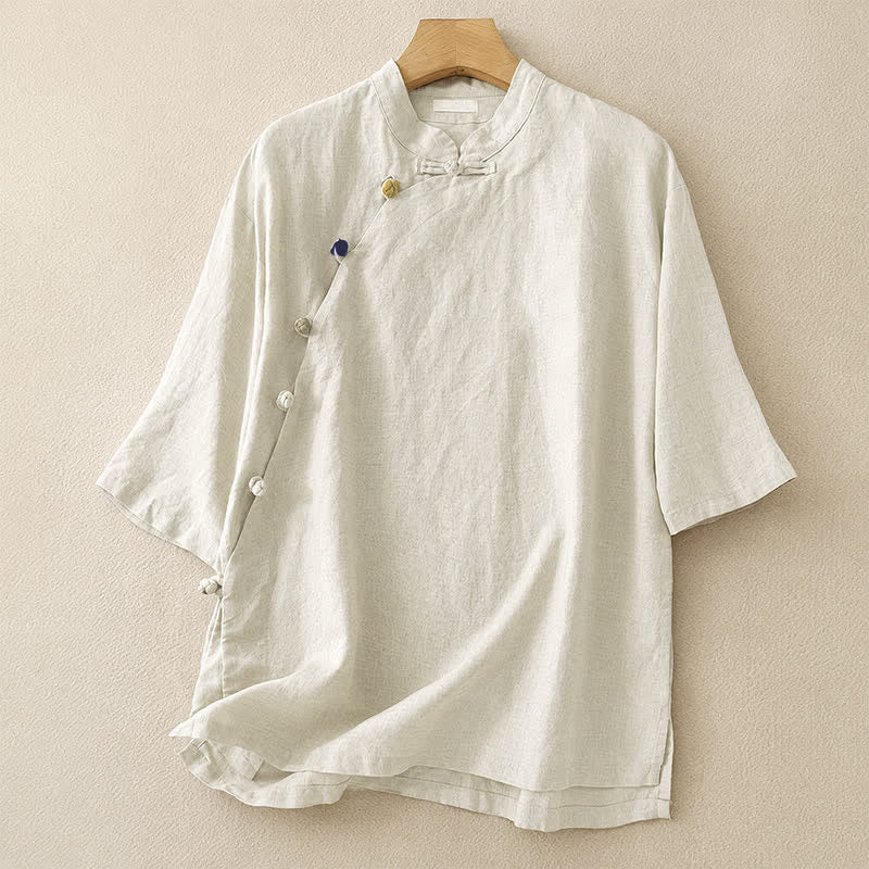 Buddha Stones Chemises d'été minimalistes à col mandarin pour femmes, manches courtes, unies, style Tang - Lin - US8-10, UK/AU12-14, EU40-42 (2XL) - image 0