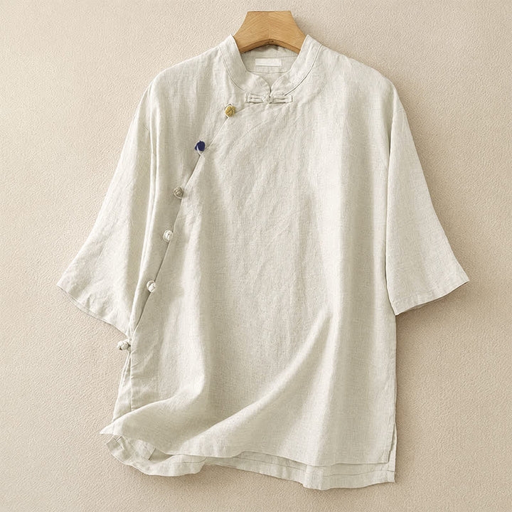 Buddha Stones Chemises d'été minimalistes à col mandarin pour femmes, manches courtes, unies, style Tang - Lin - US8-10, UK/AU12-14, EU40-42 (2XL) - image 0