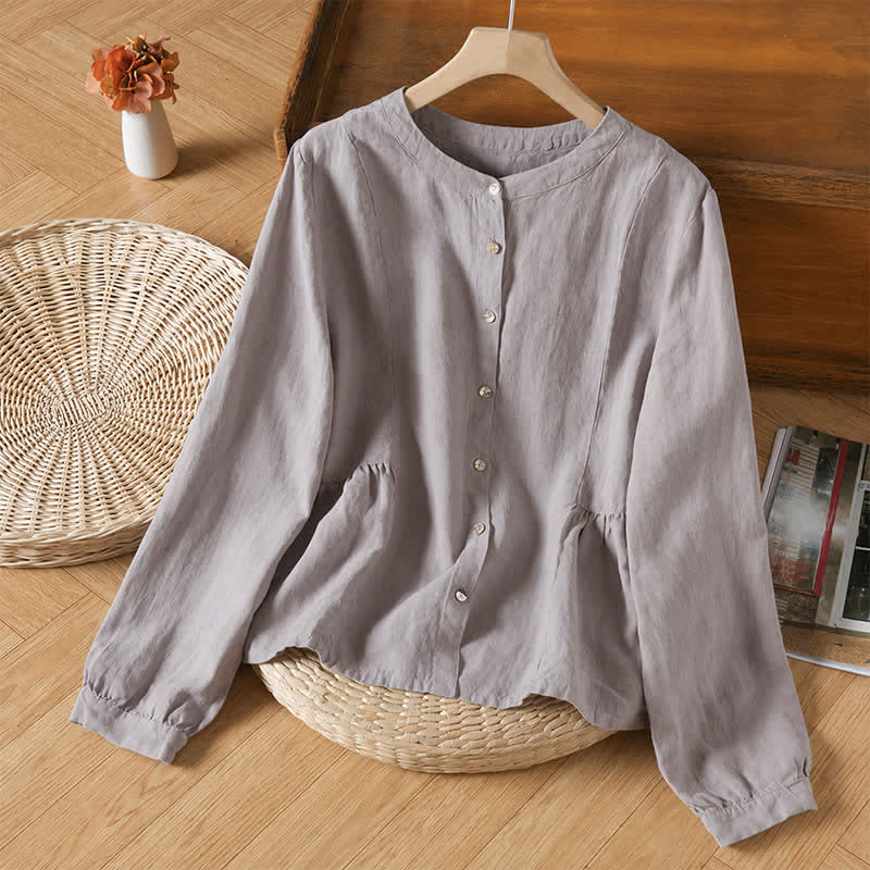 Buddha Stones Chemises à manches longues pour femmes, style minimaliste décontracté, boutonnées, col rond, unies, printemps/automne - Gris clair - US8-10, UK/AU12-14, EU40-42 (2XL) - image 2