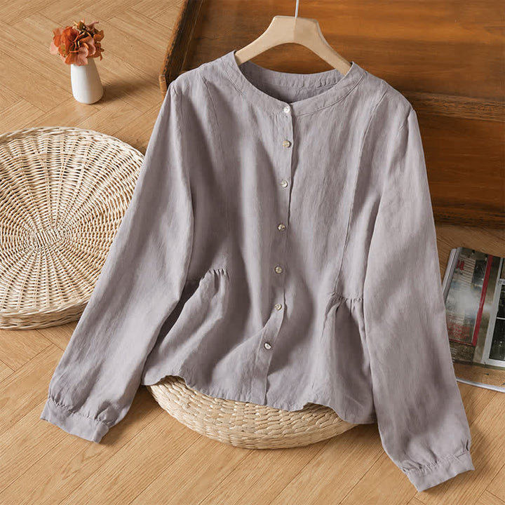 Buddha Stones Chemises à manches longues pour femmes, style minimaliste décontracté, boutonnées, col rond, unies, printemps/automne - Gris clair - US8-10, UK/AU12-14, EU40-42 (2XL) - image 2