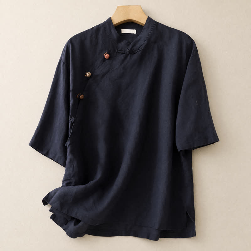 Buddha Stones Chemises d'été minimalistes à col mandarin pour femmes, manches courtes, unies, style Tang - Marine - US8-10, UK/AU12-14, EU40-42 (2XL) - image 8