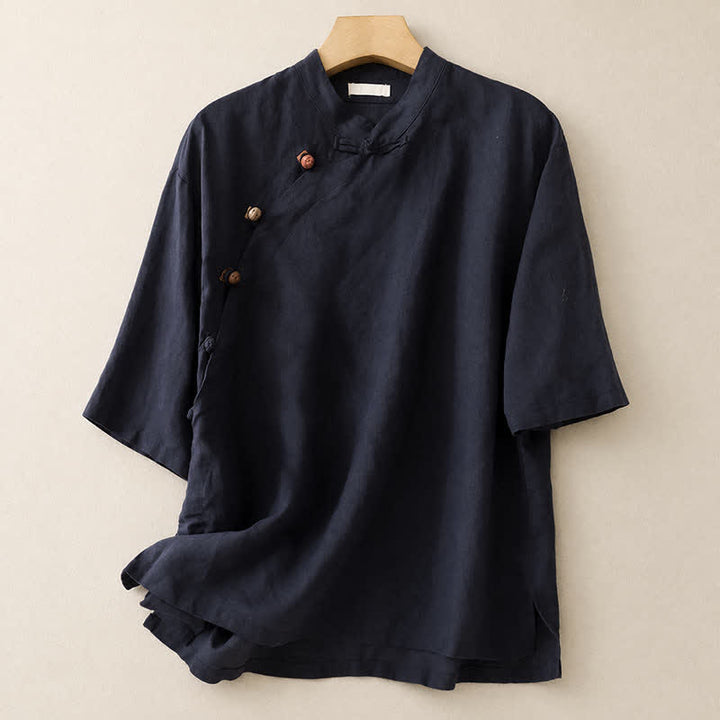 Buddha Stones Chemises d'été minimalistes à col mandarin pour femmes, manches courtes, unies, style Tang - Marine - US8-10, UK/AU12-14, EU40-42 (2XL) - image 8