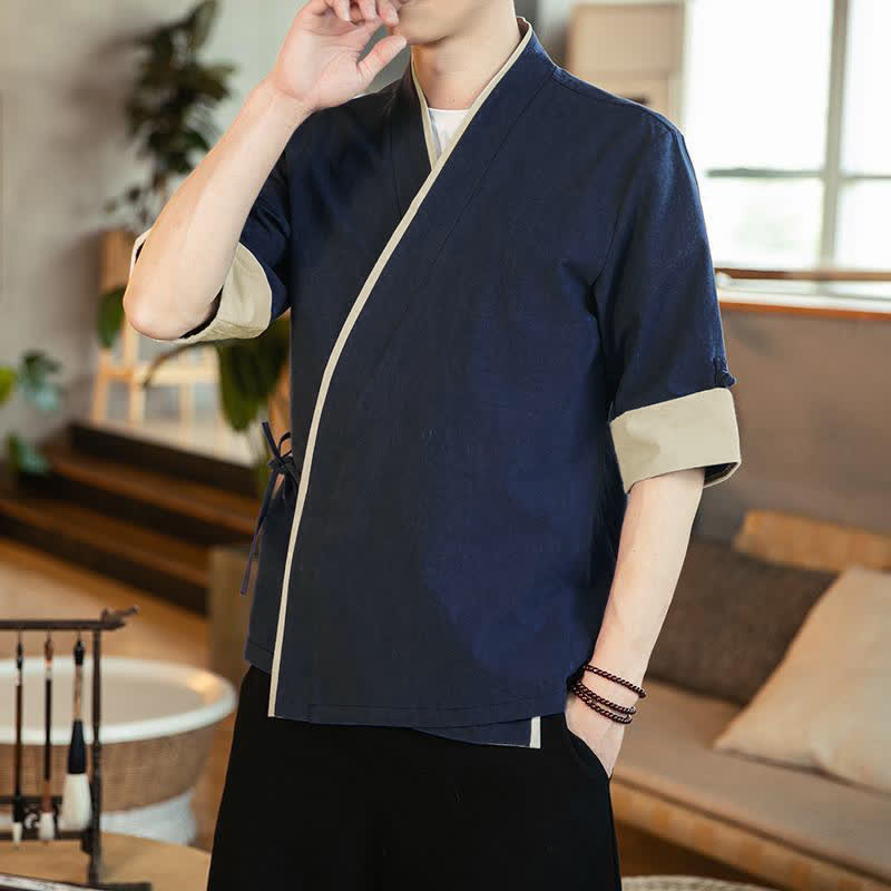 Buddha Stones Kimono d'été minimaliste à col en V et manches trois-quarts pour homme, style Tang, avec cordon de serrage. - Marine - US/UK/AU46, EU56 (5XL) - image 0