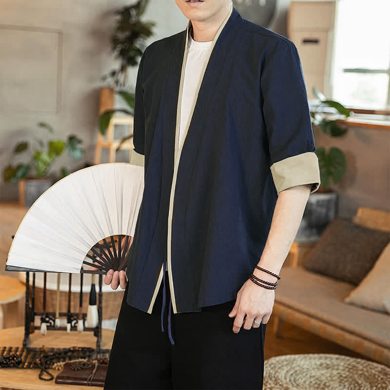 Buddha Stones Kimono d'été minimaliste à col en V et manches trois-quarts pour homme, style Tang, avec cordon de serrage. - image 1