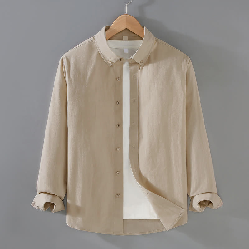 Buddha Stones Chemises à manches longues pour hommes, style minimaliste décontracté, en coton uni, idéales pour le printemps et l'automne. - Lin - US/UK/AU42, EU52 (3XL) - image 0