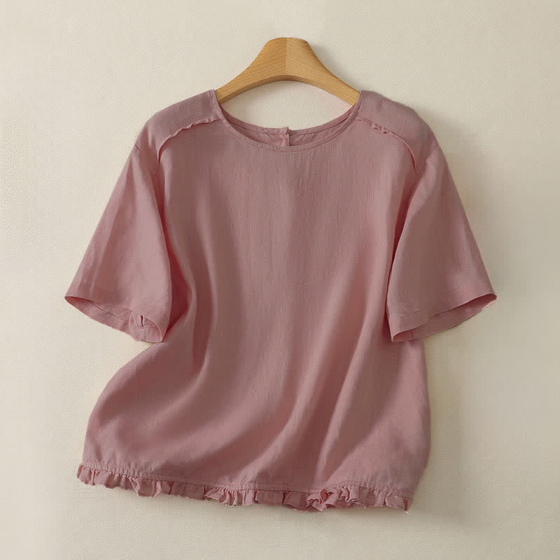 Buddha Stones T-shirts à manches courtes pour femmes, style minimaliste décontracté d'été, à ourlet volanté uni - Rose clair - US12, UK/AU16, EU44 (2XL) - image 2
