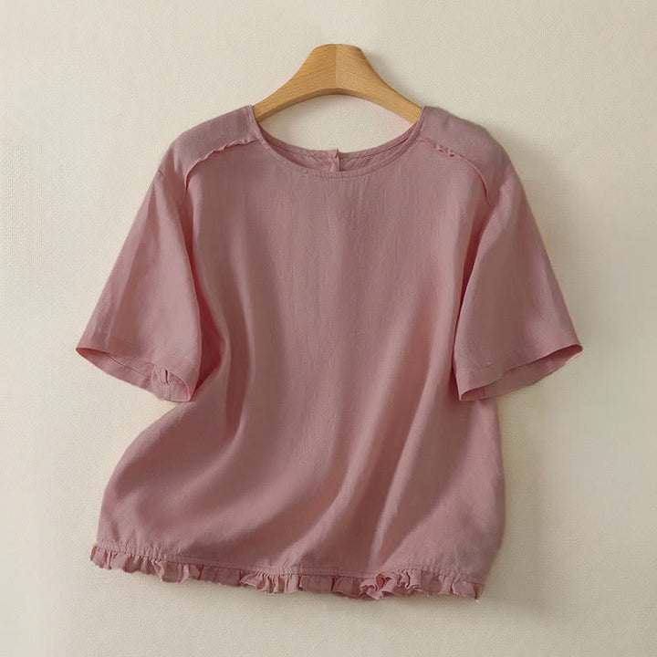 Buddha Stones T-shirts à manches courtes pour femmes, style minimaliste décontracté d'été, à ourlet volanté uni - Rose clair - US12, UK/AU16, EU44 (2XL) - image 2