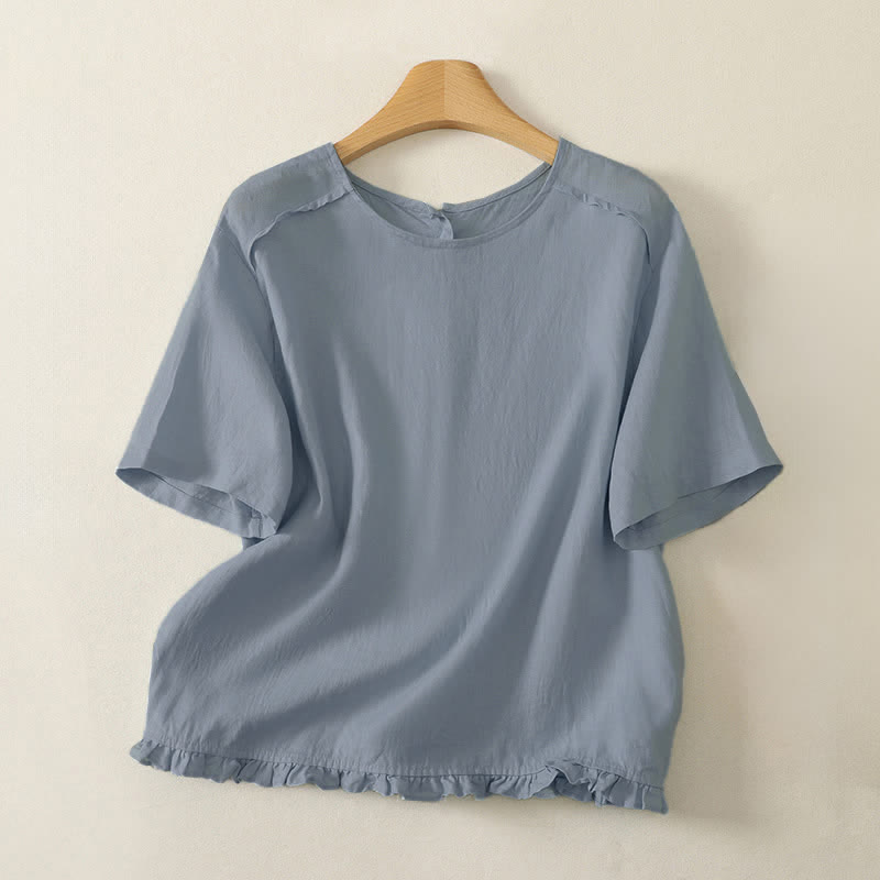 Buddha Stones T-shirts à manches courtes pour femmes, style minimaliste décontracté d'été, à ourlet volanté uni - Bleu clair - US12, UK/AU16, EU44 (2XL) - image 12