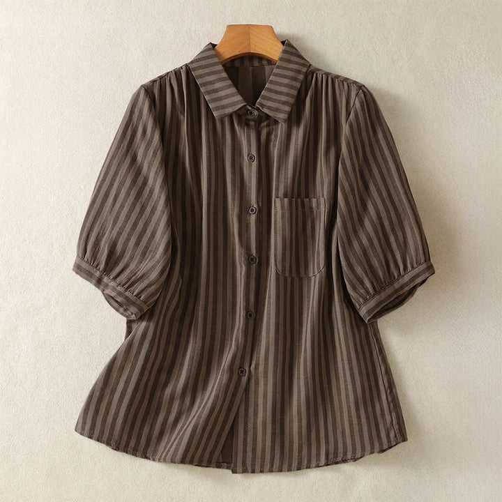 Buddha Stones Chemises d'été décontractées à rayures, manches courtes, boutonnées, avec poche plaquée - SaddleBrown - US12, UK/AU16, EU44 (3XL) - image 13