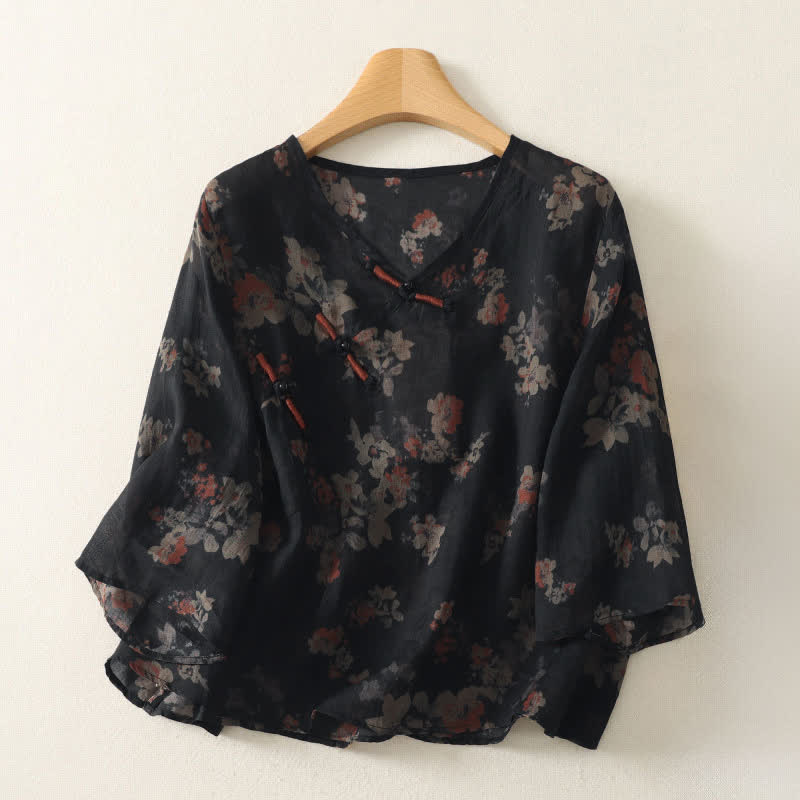 Buddha Stones Chemises d'été style Tang vintage à col en V, à boutons grenouille et à fleurs, manches 3/4 pour femmes - Noir - US12, UK/AU16, EU44 (3XL) - image 0