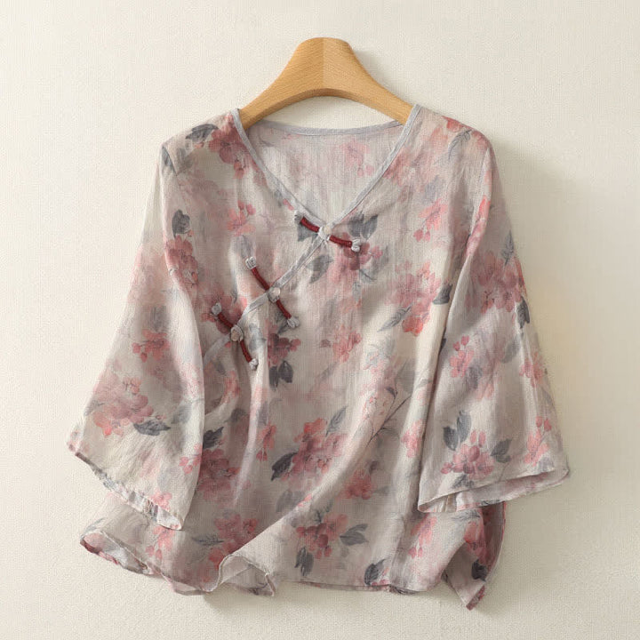 Buddha Stones Chemises d'été style Tang vintage à col en V, à boutons grenouille et à fleurs, manches 3/4 pour femmes - Beige - US12, UK/AU16, EU44 (3XL) - image 5