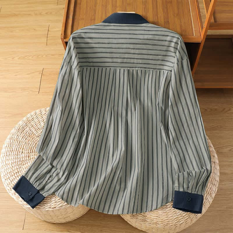 Buddha Stones Chemises à manches longues pour femmes, style minimaliste décontracté printemps-été, à rayures et finitions contrastées, avec poche plaquée. - image 2