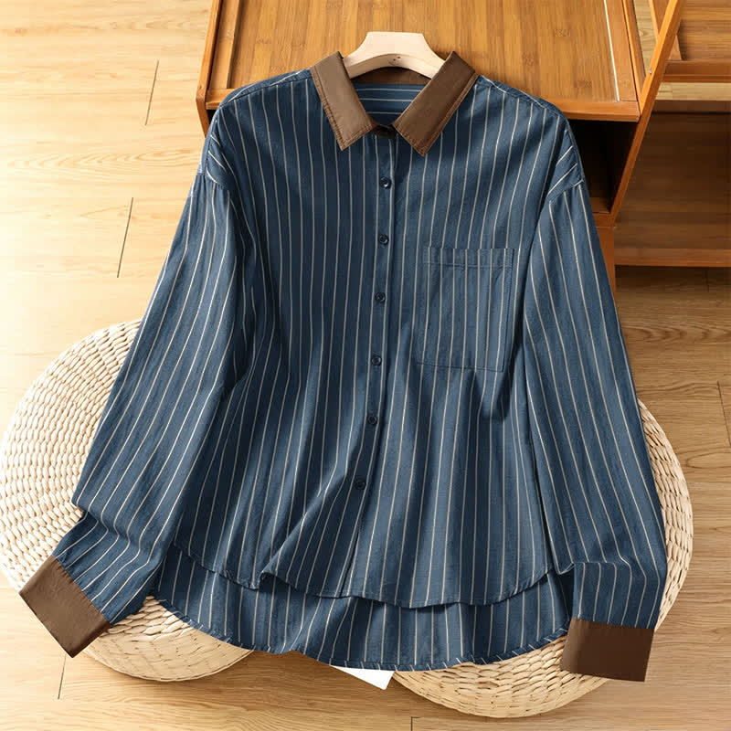 Buddha Stones Chemises à manches longues pour femmes, style minimaliste décontracté printemps-été, à rayures et finitions contrastées, avec poche plaquée. - SteelBlue - US12, UK/AU16, EU44 (2XL) - image 10