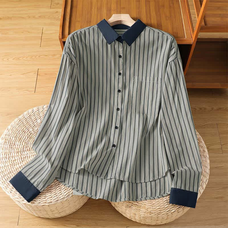 Buddha Stones Chemises à manches longues pour femmes, style minimaliste décontracté printemps-été, à rayures et finitions contrastées, avec poche plaquée. - Gainsboro - US12, UK/AU16, EU44 (2XL) - image 1